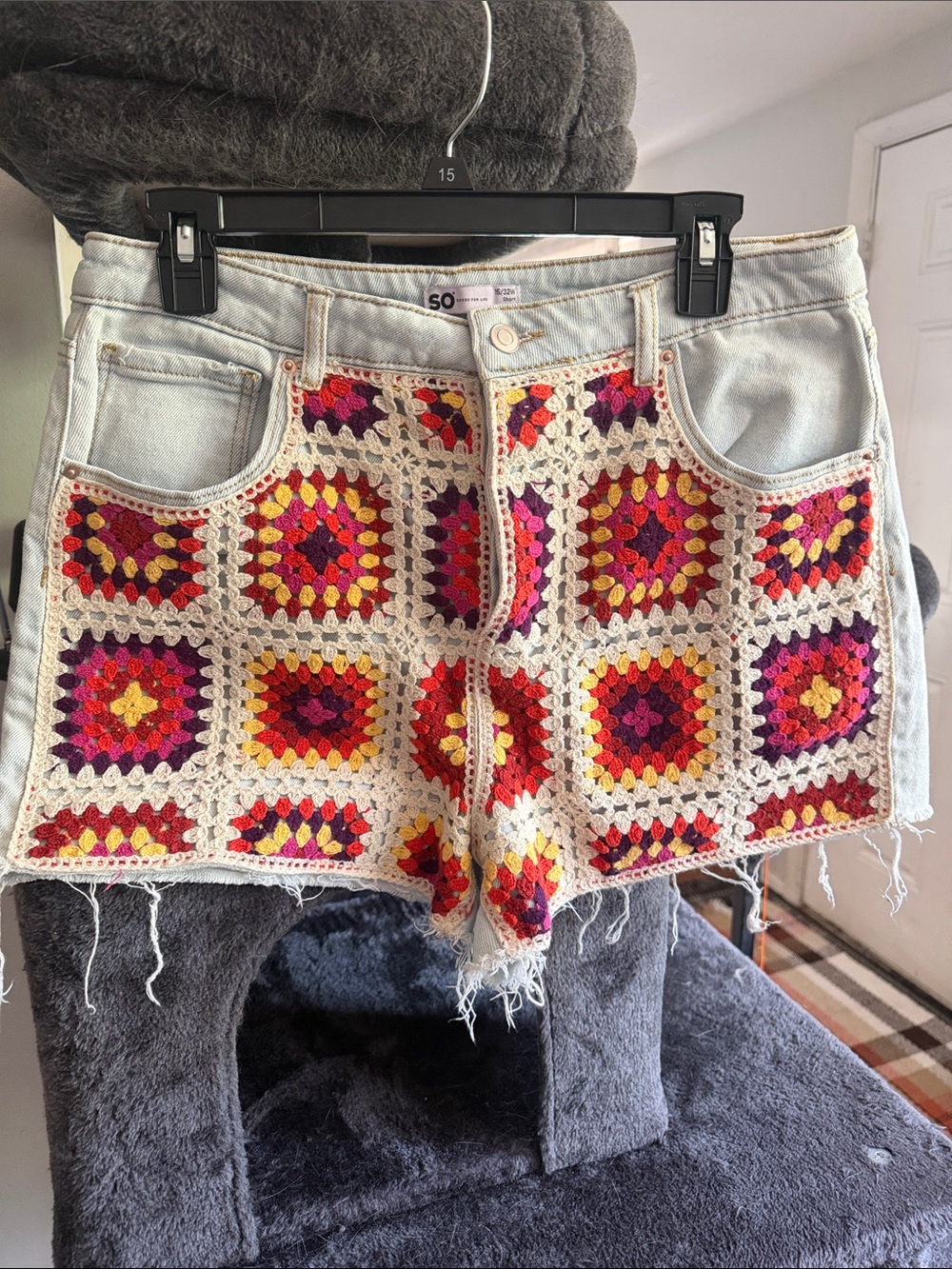 SO Light Wash Denim Shorts with Cream Crochet Patchwork